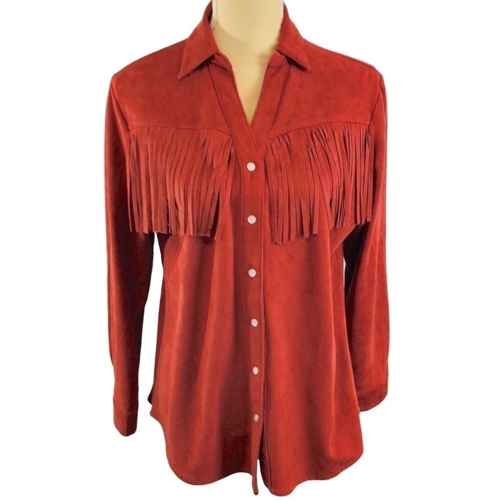 Western Faux Suede Fringed  Shacket Jacket Rust‎ Lg